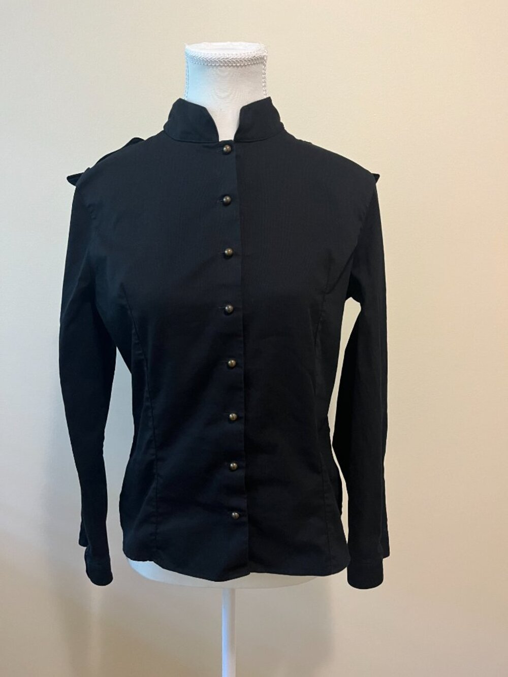 ANNE FONTAINE Black Cotton Military Jacket Size 3 M Mandarin Collar Epaulets